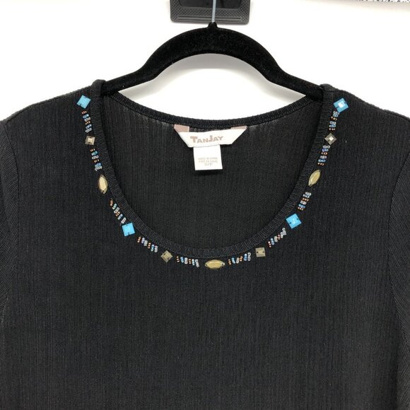 TanJay Black Textured jewelled neck Short Sleeve Shirt size S - Picture 4 of 14